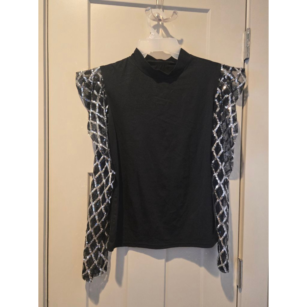 Women's Unbranded Black Silver Sequin Mock Neck Blouse
